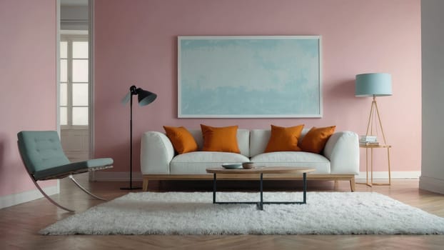 Stylish White Couch with Orange Pillows in a Beautifully Decorated Pink Wall Room.