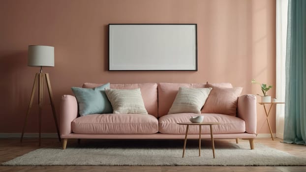 Stylish Peach Living Room Featuring a Cozy Pink Couch and Modern Decor Elements.