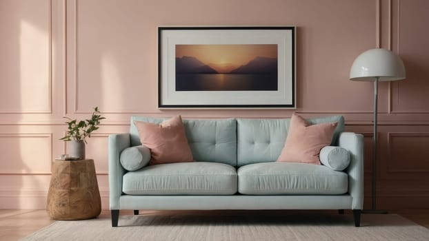 Stylish and Elegant Living Room Interior Featuring Blue Sofa, Pink Pillows, and Sunset Painting.