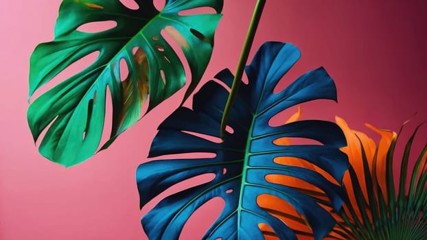 Artistic Arrangement of Large Tropical Leaves in Blue, Green, and Orange on Pink Background.