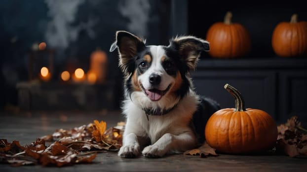 Happy and Adorable Border Collie Dog Smiling Next to a Bright Orange Pumpkin in a Cozy Fall Setting.