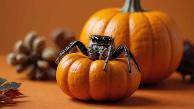 Charming Small Black and White Jumping Spider on Vibrant Orange Pumpkin Surrounded by Fall Decor.