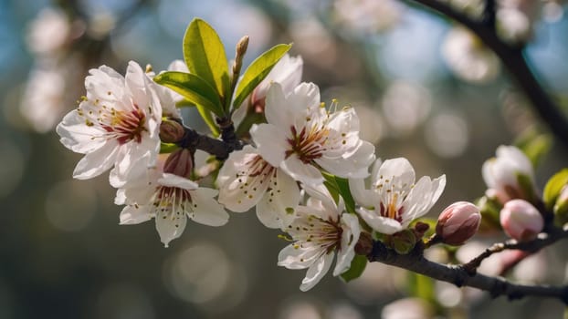 Close-up Macro Shot of a Single Almond Tree Branch in Full Bloom with Delicate Blossoms.