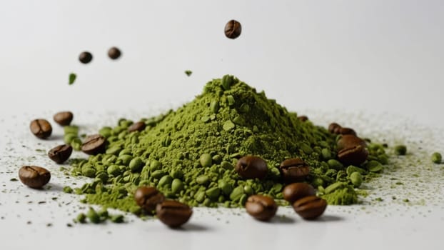 Heap of fine matcha powder and roasted coffee beans beautifully arranged on a white background..