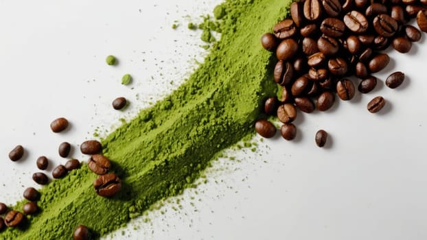 Top-Down Perspective of Matcha Powder and Coffee Beans on a White Background for Healthy Living.