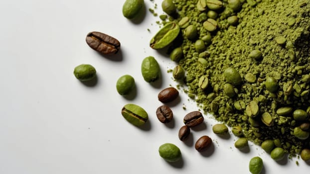 Close-up Image of Green Coffee Beans and Matcha Powder Isolated on White Background for Healthy Living.