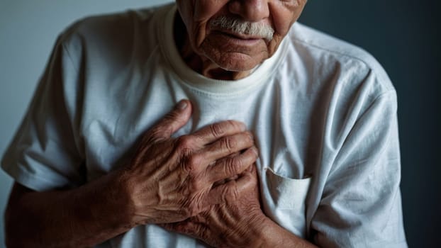 Elderly man in severe distress clutching his chest due to intense chest pain on dark background.