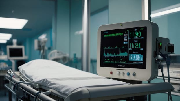 Modern hospital room interior with empty bed and medical equipment.