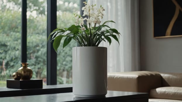 Elegant living room interior with white orchid in a tall vase on the table.