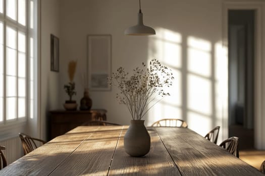 A cozy dining area features a rustic wooden table set for a meal, surrounded by minimalist decor and soft textiles.