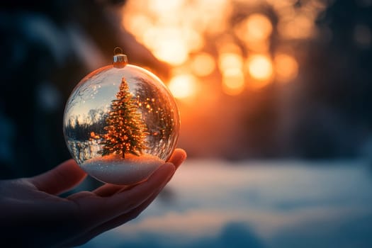 woman hold in hands glass transparent round ball with decorated Christmas tree . Christmas Celebration concept. High quality illustration