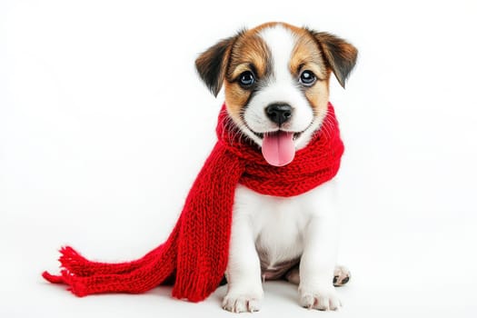 A cute dog wearing a red scarf and sitting in the snow in isolated white background..