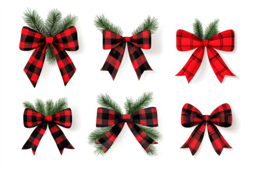 Collection of festive red and black plaid bows with greenery elements on a white isolated background..