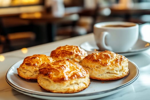 Scones served with coffee on wooden table, blurred cafe background. High quality illustration