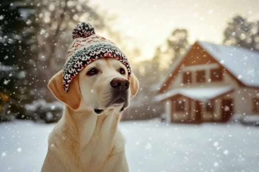 A dog is wearing a hat in a snow-covered house with trees, evoking a cold winter scene..