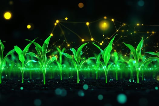 Smart farming is illustrated featuring the growth of corn seedlings accompanied by infographics emphasizing smart farming and precision agriculture.