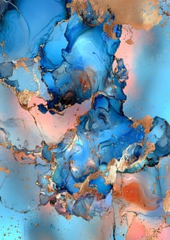 A mesmerizing display of blue and gold abstract art features flowing patterns and glimmering accents. The intricate swirls create depth and visual interest, inviting closer examination.