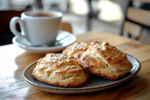 Scones served with coffee on wooden table, blurred cafe background.