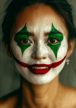 Woman is posing for a portrait wearing scary clown makeup, with white foundation, red lipstick and green and black details around the eyes