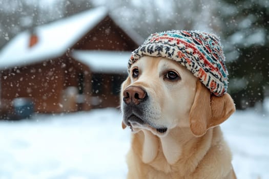 A dog is wearing a hat in a snow-covered house with trees, evoking a cold winter scene. High quality illustration