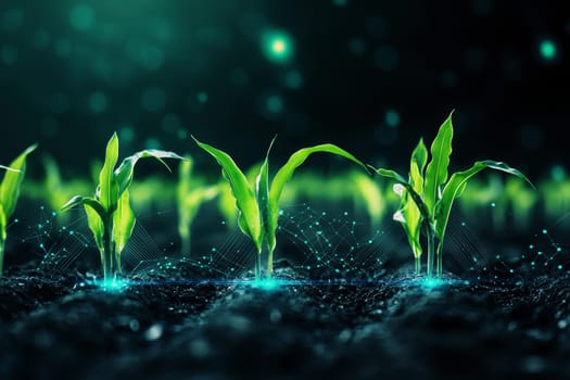 Smart farming is illustrated featuring the growth of corn seedlings accompanied by infographics emphasizing smart farming and precision agriculture.