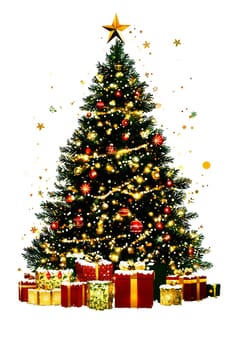 A huge christmas tree decorated with ornamental balls and bokeh lights for christmas celebration..