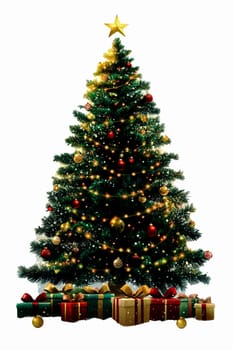 A huge christmas tree decorated with ornamental balls and bokeh lights for christmas celebration..