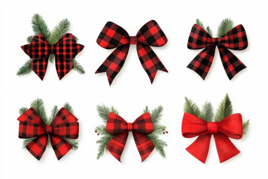 Collection of festive red and black plaid bows with greenery elements on a white isolated background..