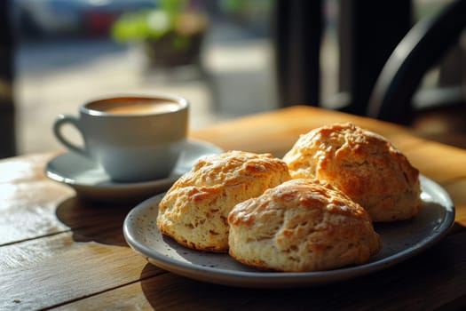 Scones served with coffee on wooden table, blurred cafe background.