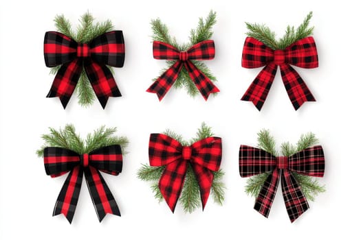 Collection set of festive red and black plaid bows with greenery elements on a white isolated background --ar 3:2 --v 6.1 Job ID: 6400bfc2-5795-4ba7-9993-d27b5a35561e