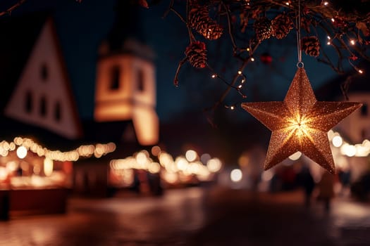A silver star ornament hangs from a Christmas tree on Christmas market background..