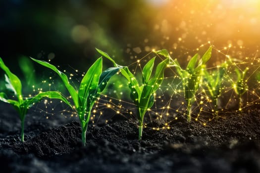 Smart farming is illustrated featuring the growth of corn seedlings accompanied by infographics emphasizing smart farming and precision agriculture.