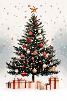 A huge christmas tree decorated with ornamental balls and bokeh lights for christmas celebration..