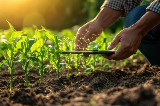 Smart farming is illustrated featuring the growth of corn seedlings accompanied by infographics emphasizing smart farming and precision agriculture.