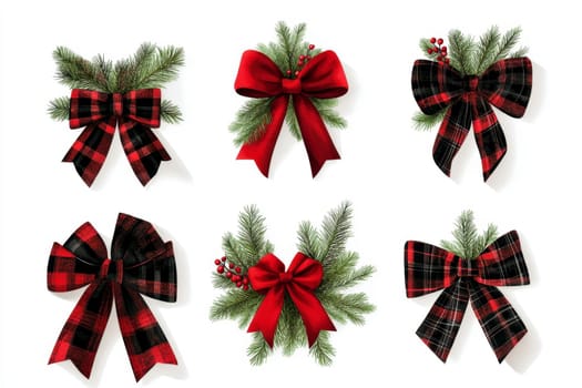 Collection of festive red and black plaid bows with greenery elements on a white isolated background..