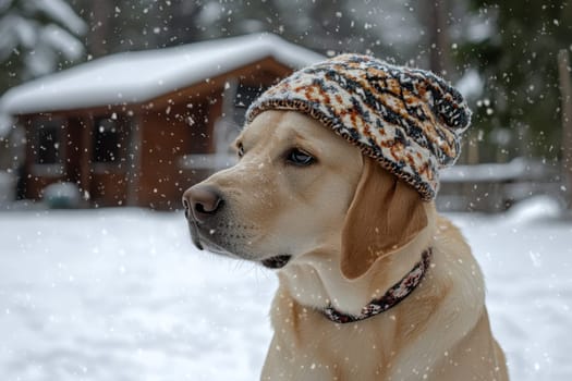 A dog is wearing a hat in a snow-covered house with trees, evoking a cold winter scene..
