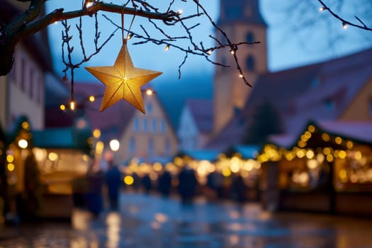 A silver star ornament hangs from a Christmas tree on Christmas market background..