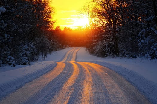 The photo shows snow-covered trees and a road in the middle of a forest during sunset..