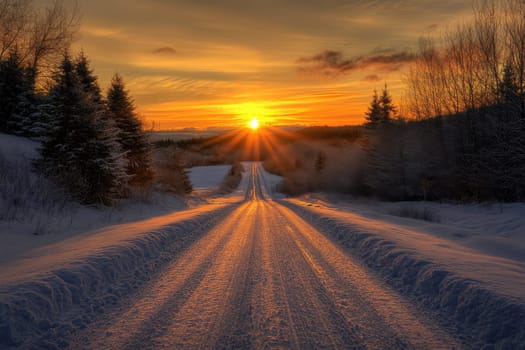 The photo shows snow-covered trees and a road in the middle of a forest during sunset..