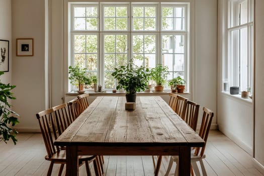 A cozy dining area features a rustic wooden table set for a meal, surrounded by minimalist decor and soft textiles. High quality illustration