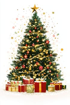 A huge christmas tree decorated with ornamental balls and bokeh lights for christmas celebration..