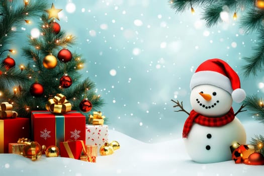 Christmas winter design. Merry christmas greeting text with snow man characters in winter wonder land background for holiday season celebration. High quality illustration