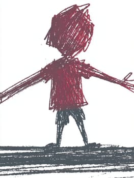 Child's colorful crayon drawing of a happy boy with open arms radiates innocence and joy, perfect for family and educational designs