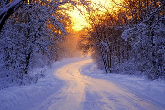The photo shows snow-covered trees and a road in the middle of a forest during sunset. High quality illustration