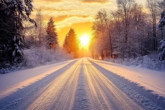 The photo shows snow-covered trees and a road in the middle of a forest during sunset..