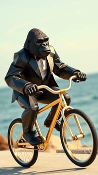Stylish gorilla businessman in a sharp suit leisurely rides a luxurious golden bike along the ocean on a sunny day