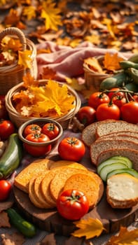 Cozy autumn picnic with vegan snacks and veggies on a blanket under fall leaves. Vegan cheese, tomatoes, bread, and zucchini create a colorful, healthy spread in warm sunlight