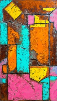 Abstract painting composed of geometric shapes in various colors including yellow, orange, pink, and blue on a textured background