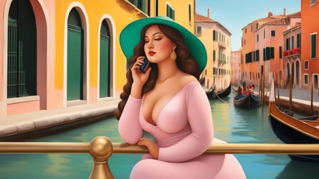 Elegant woman talks on the phone, admiring gondolas in venice. She wears a stylish dress and hat, exuding fashion and sophistication. Sunny outdoor setting showcases vibrant lifestyle