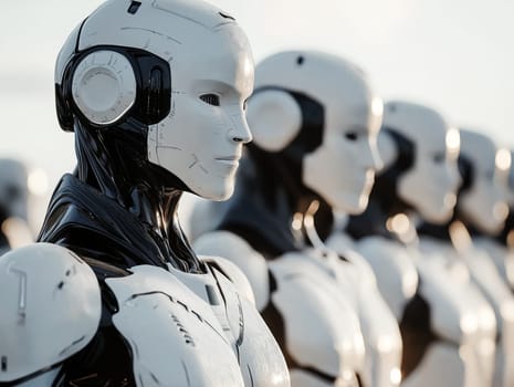 Row of AI robots standing in a line